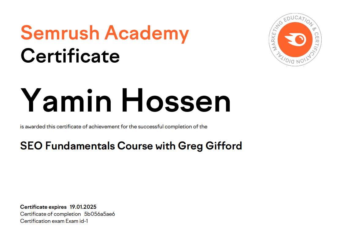 SEMrush Academy Certificate Yamin Hossen